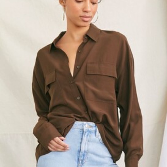 Tops - Brown High Low Button Shirt Large